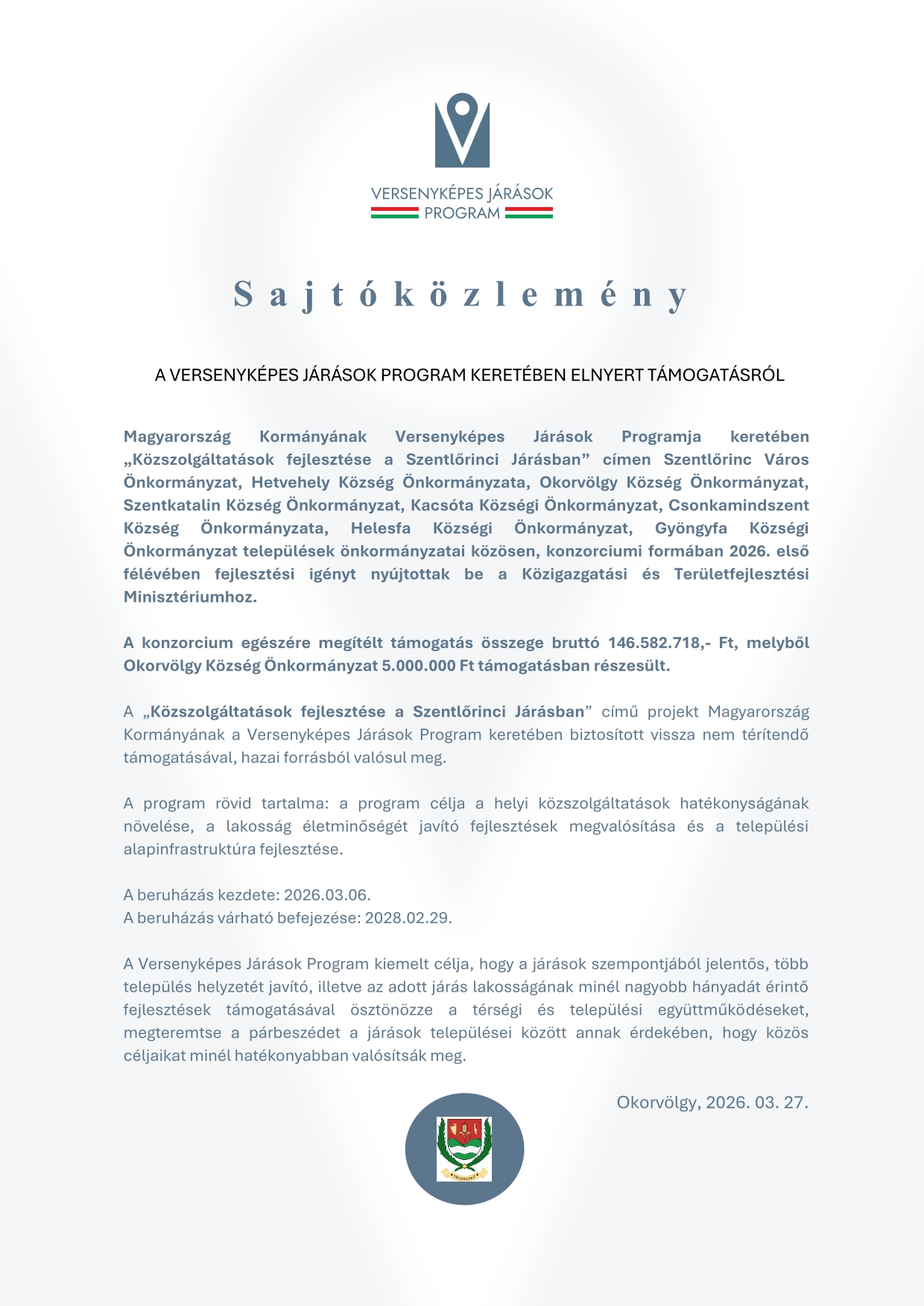 Sajtóközlemény Hetvehely VJP2